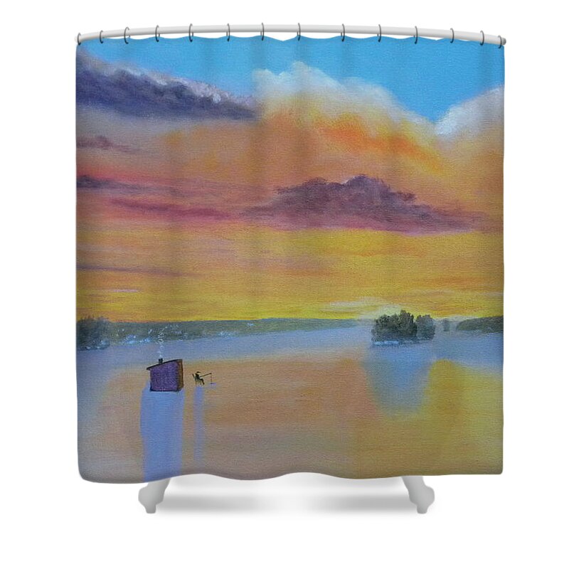 Sunrise Lake Ice Snow Fishing Clouds Shack Reflections Shower Curtain featuring the painting Bow Lake Ice Fishing by Scott W White
