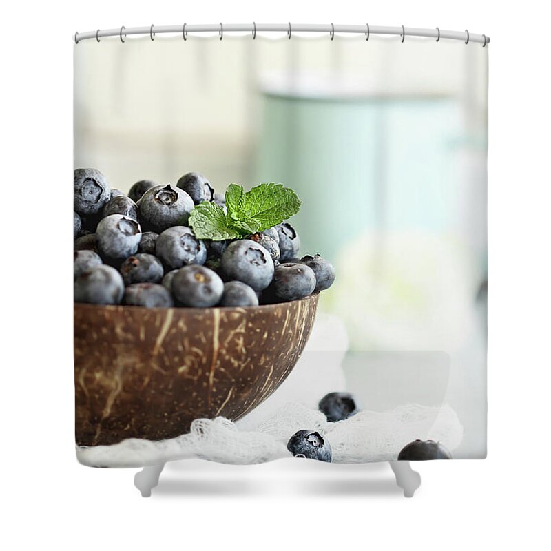 Still Shower Curtain featuring the photograph Bowl of fresh blueberries by Stephanie Frey