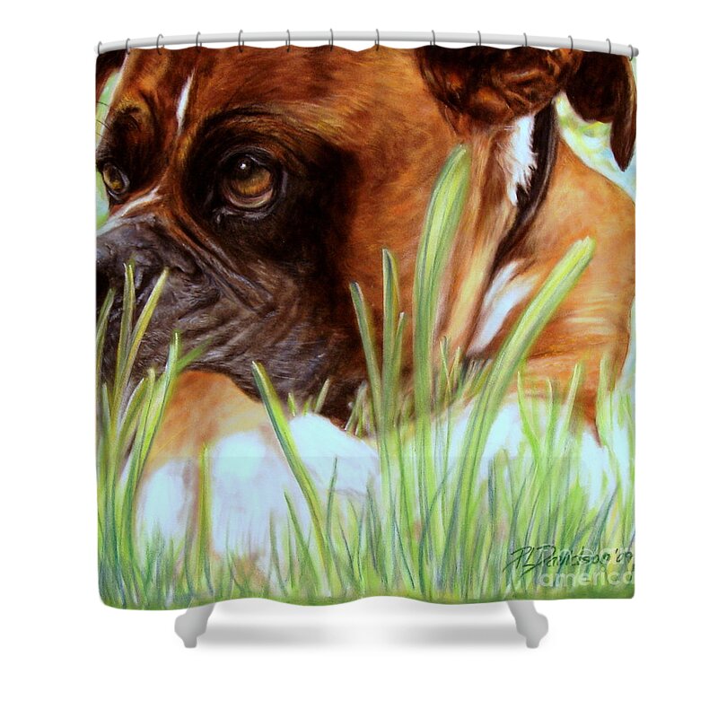 Boxer Shower Curtain featuring the pastel Boxer by Pat Davidson