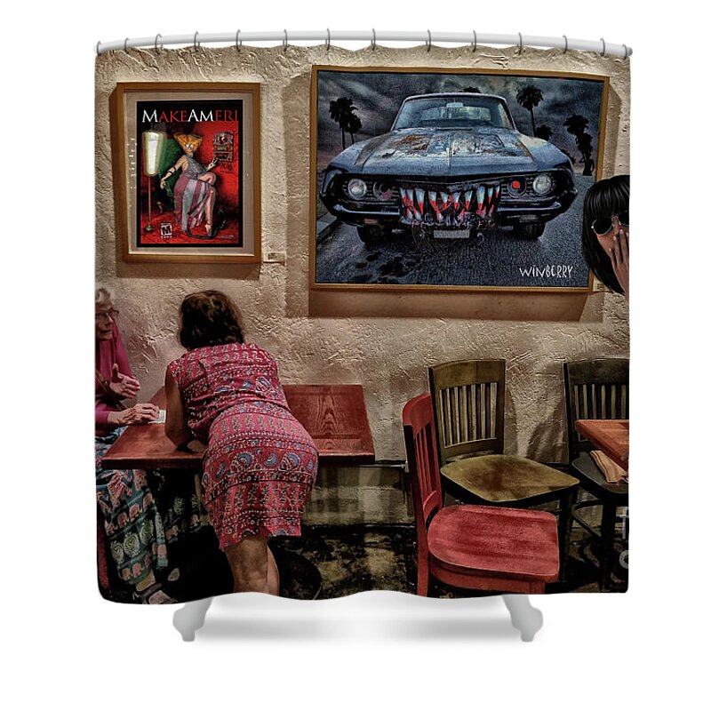 Long Beach Shower Curtain featuring the digital art BoxHead Boy Caught Wandering Off by Bob Winberry