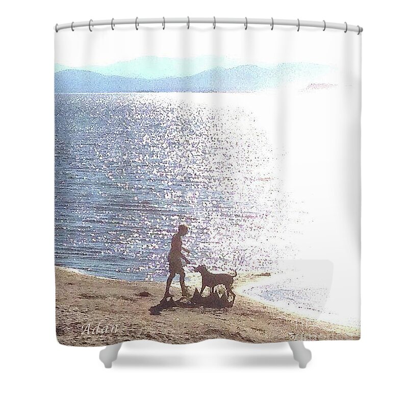Boy And Dog By Water Shower Curtain featuring the photograph Boy and Dog by Felipe Adan Lerma