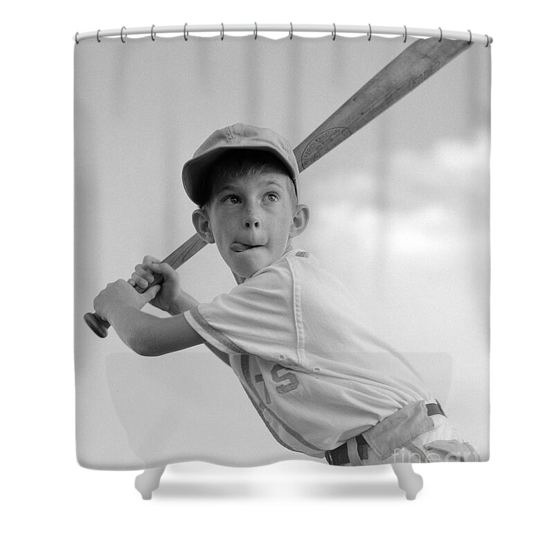 1950s Shower Curtain featuring the photograph Boy Playing Baseball, C.1960s by Debrocke/ClassicStock