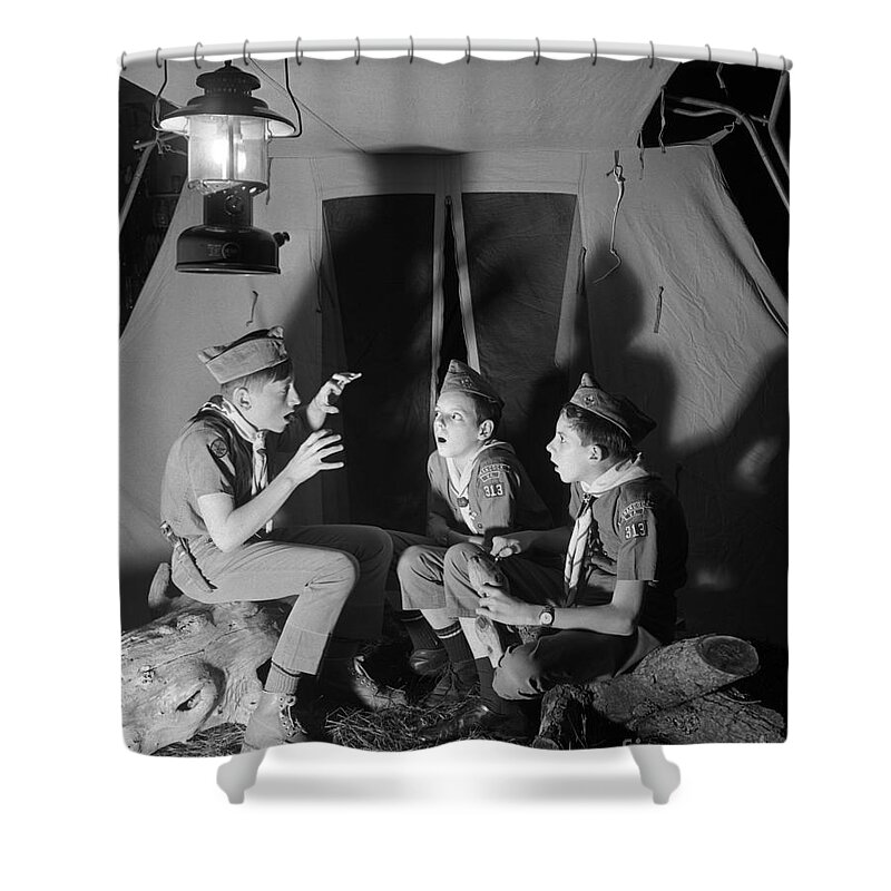 1960s Shower Curtain featuring the photograph Boy Scouts Telling Ghost Stories by D. Corson/ClassicStock