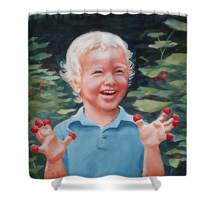 Boy Shower Curtain featuring the painting Boy With Raspberries by Marilyn Jacobson