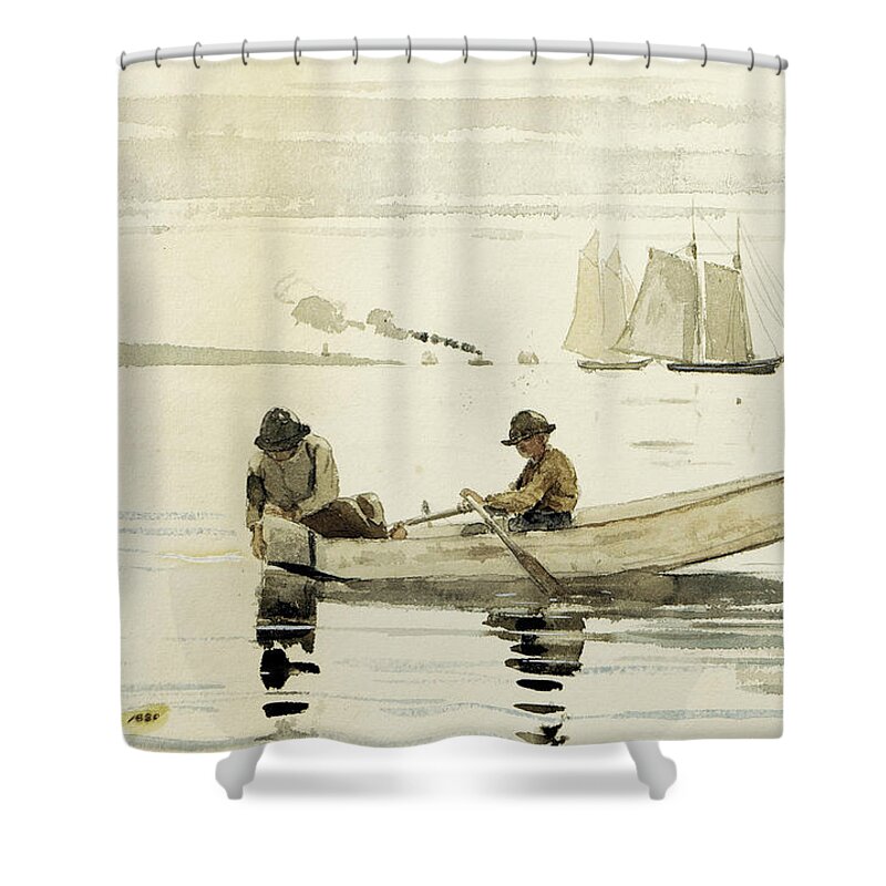 Winslow Homer Shower Curtain featuring the drawing Boys Fishing by Winslow Homer