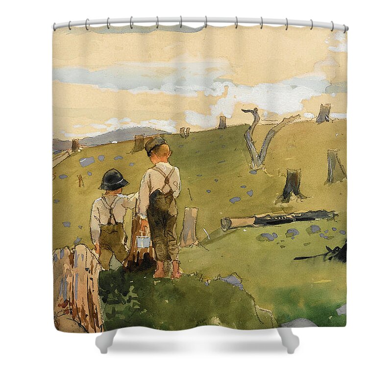 Winslow Homer Shower Curtain featuring the drawing Boys on a Hillside by Winslow Homer