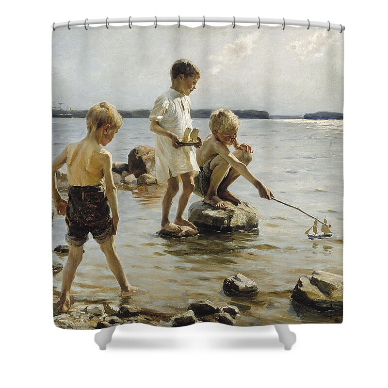 Albert Edelfelt - Boys Playing On The Shore Shower Curtain featuring the painting Boys Playing on the Shore by MotionAge Designs