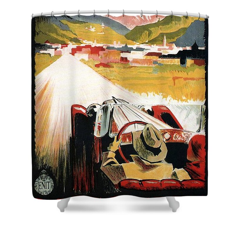 Car Shower Curtain featuring the mixed media Bozen-Gries - Dolomiten - Bolzano-Gries - Retro travel Poster - Vintage Poster by Studio Grafiikka