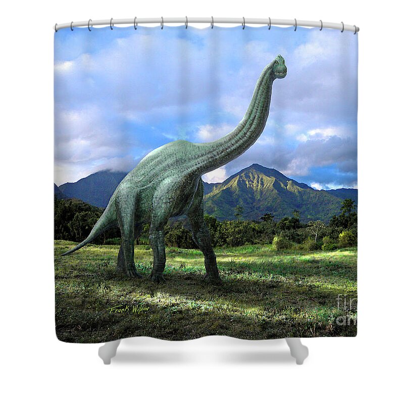 Dinosaur Shower Curtain featuring the mixed media Brachiosaurus In Meadow by Frank Wilson