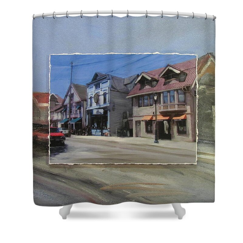 Brady Street Shower Curtain featuring the mixed media Brady Street - Up and Under layered by Anita Burgermeister