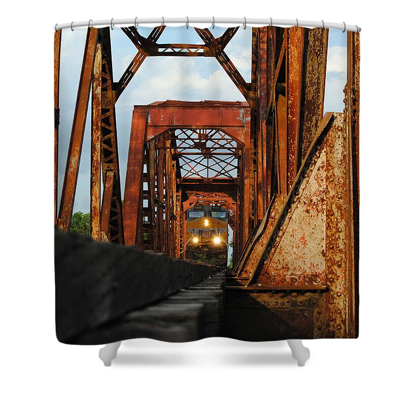 Union Pacific Shower Curtain featuring the photograph Brazos River Railroad Bridge by Nathan Little