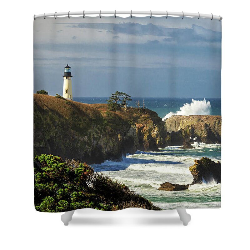 Yaquina Head Lighthouse Shower Curtain featuring the photograph Breaking Waves At Yaquina Head Lighthouse by James Eddy