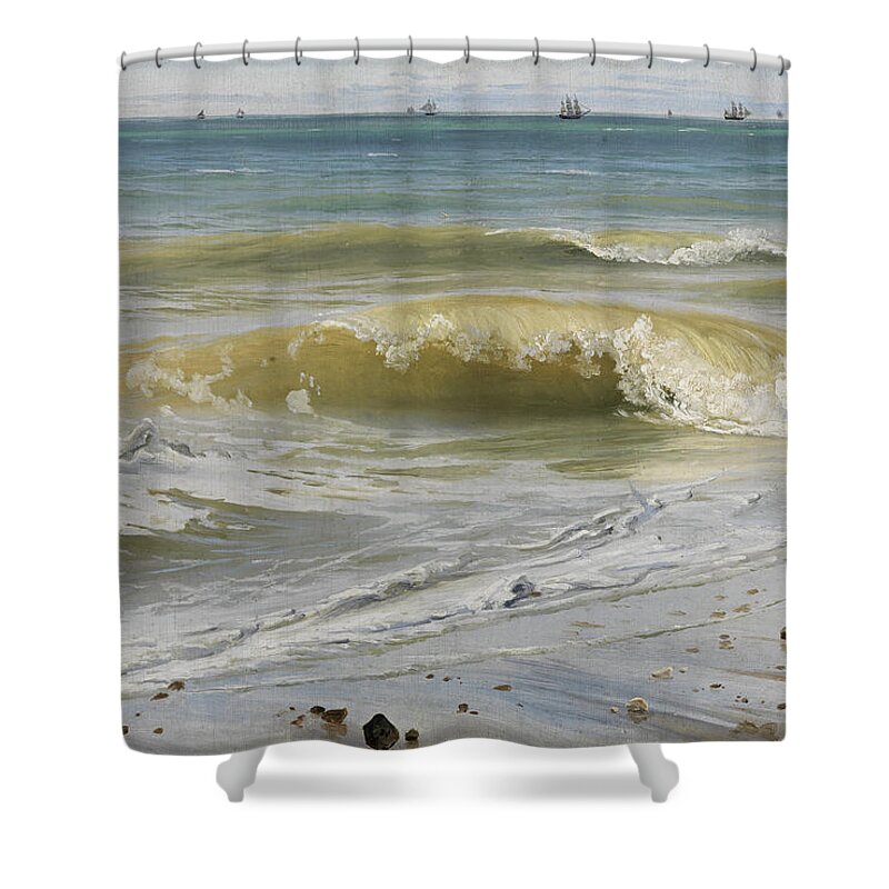 Johann Wilhelm Schirmer Shower Curtain featuring the painting Breaking Waves with Distant Ships by Johann Wilhelm Schirmer