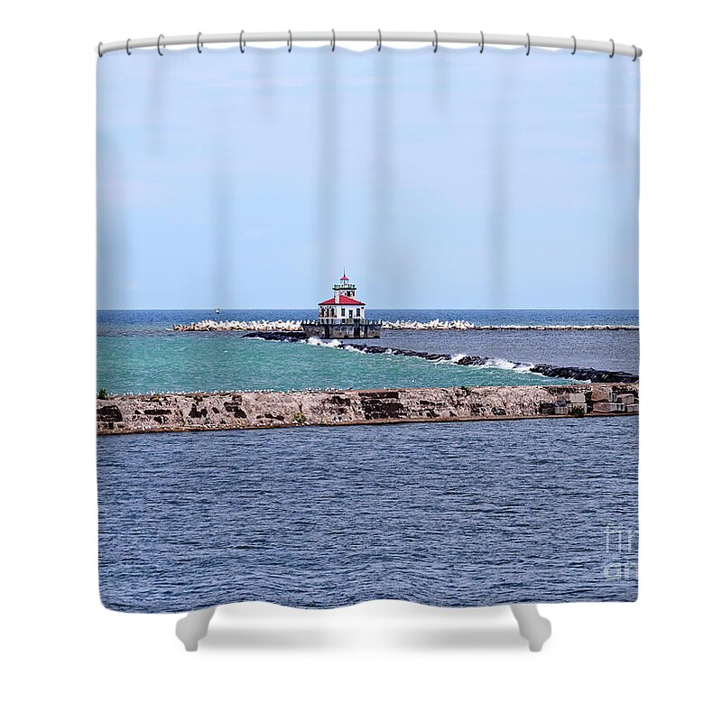 Breakwater Shower Curtain featuring the photograph Breakwater and lighthouse in Oswego New York by Louise Heusinkveld