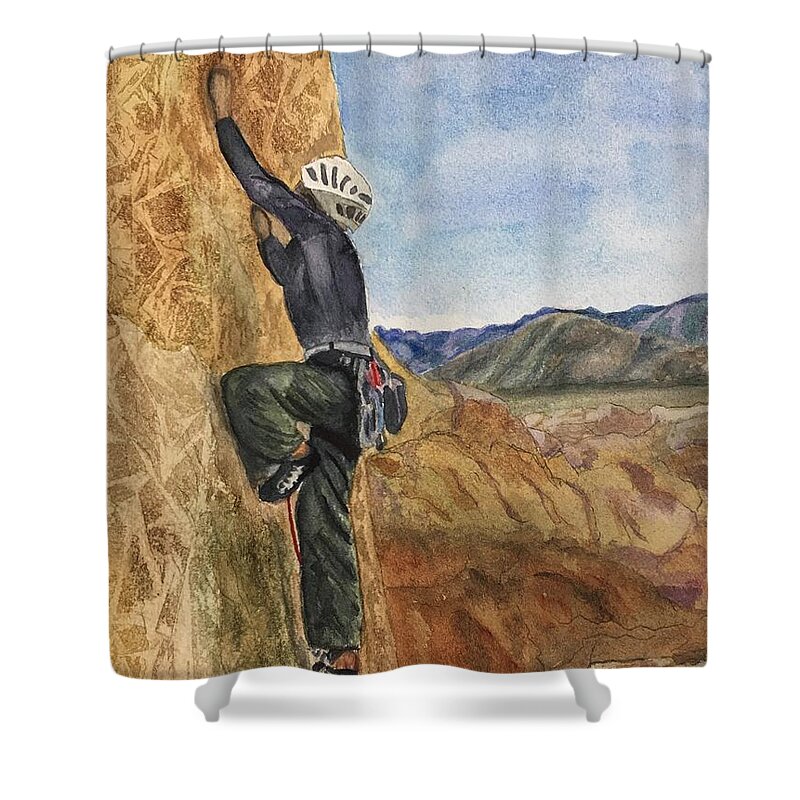 Climbing Shower Curtain featuring the painting Brave Brenda Climbing by Sue Carmony