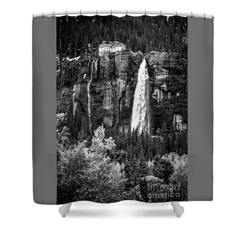 Bridal Veil Falls Shower Curtain featuring the photograph Bridal Veil Falls in BW by Imagery by Charly