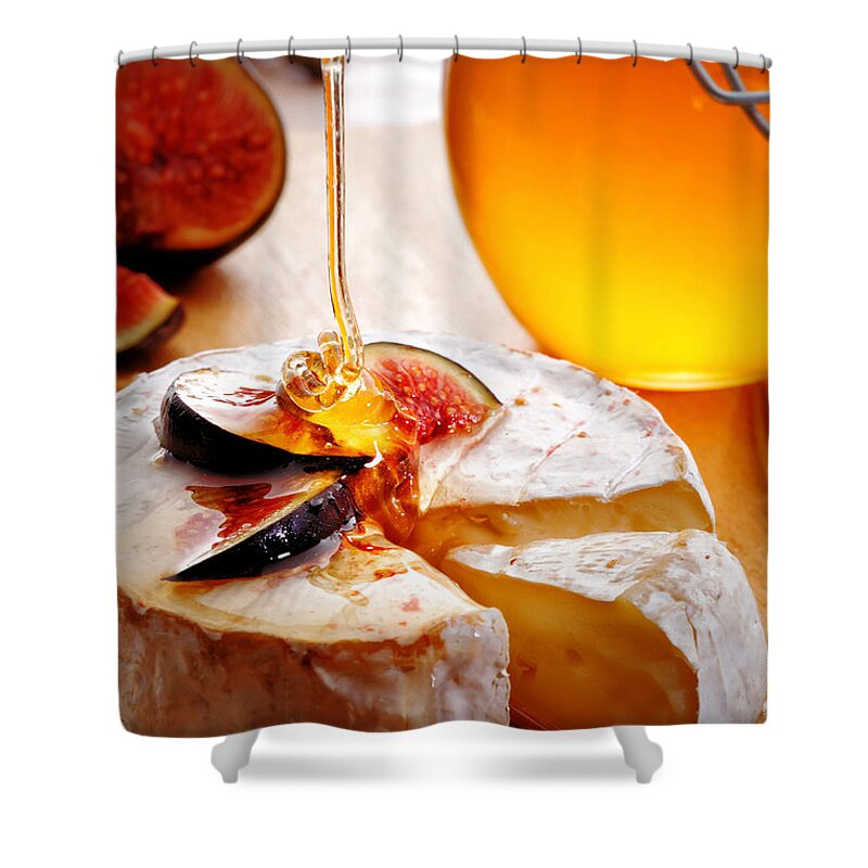 Brie Shower Curtain featuring the photograph Brie Cheese with Figs and honey by Johan Swanepoel