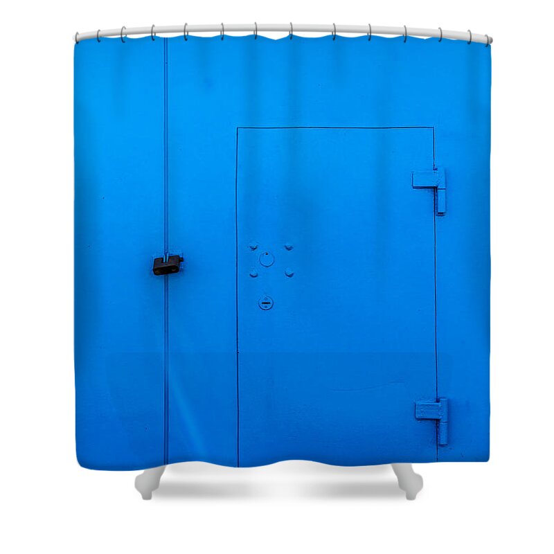 Bar Shower Curtain featuring the photograph Bright Blue Locked Door and Padlock by John Williams