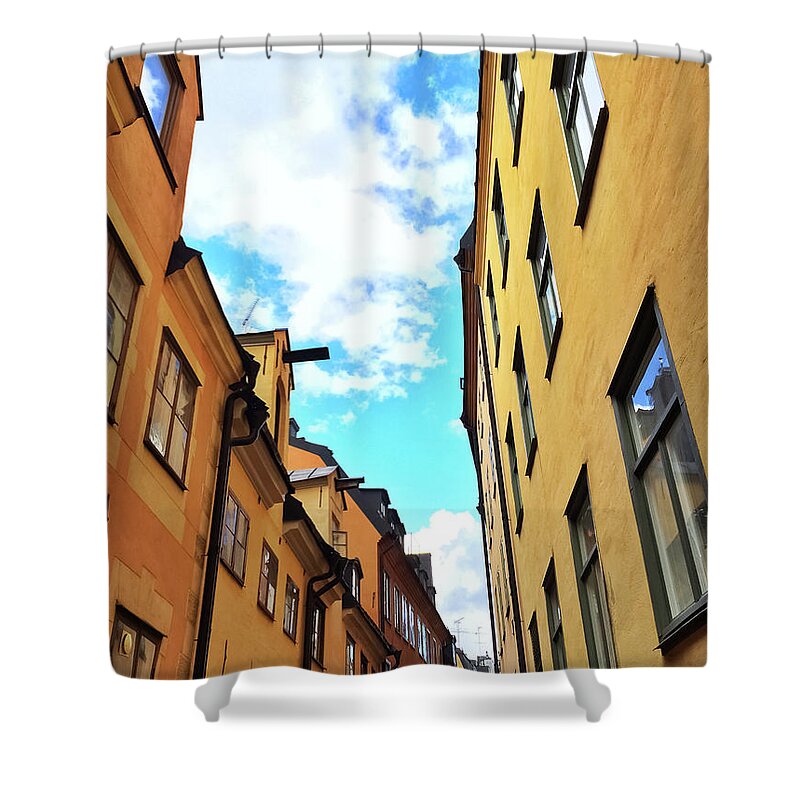 Stockholm Shower Curtain featuring the photograph Bright buildings in the old center of Stockholm by GoodMood Art