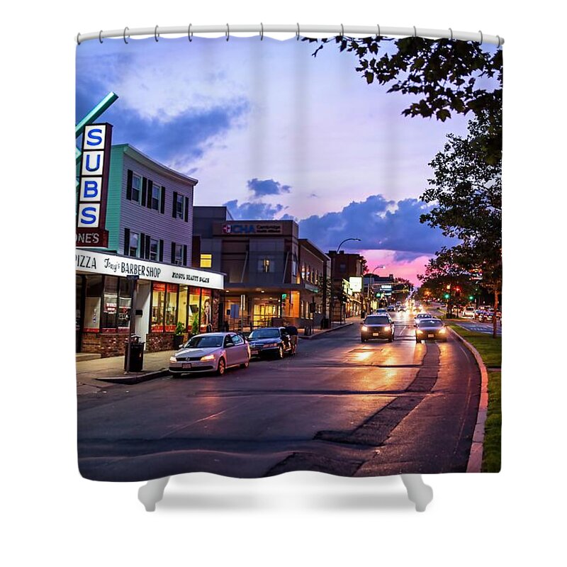 Somerville Shower Curtain featuring the photograph Broadway in Somerville MA at Sunset by Toby McGuire