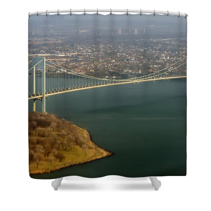 Travel Shower Curtain featuring the photograph Bronx Whitestone Bridge Aerial Photo in New York City by David Oppenheimer