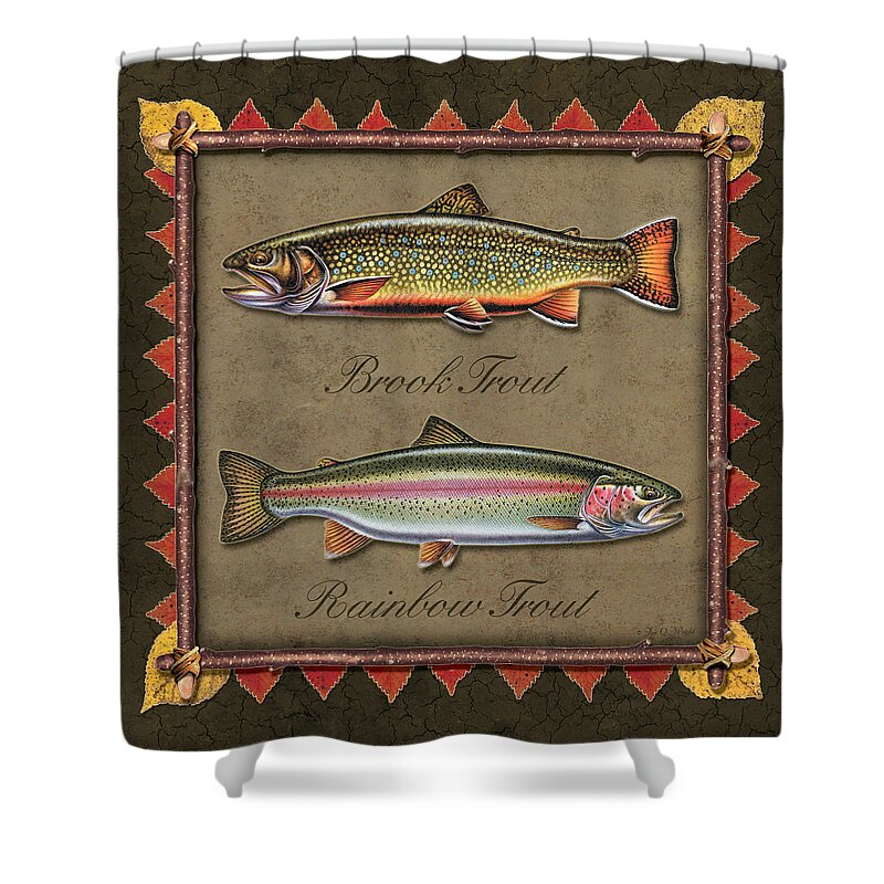 Jon Q Wright Jq Licensing Trout Fly Flyfishing Brown Trout Rainbow Trout Brook Trout Cutthroat Trout Fishing Lodge Cabin Shower Curtain featuring the painting Brook and Rainbow trout by JQ Licensing