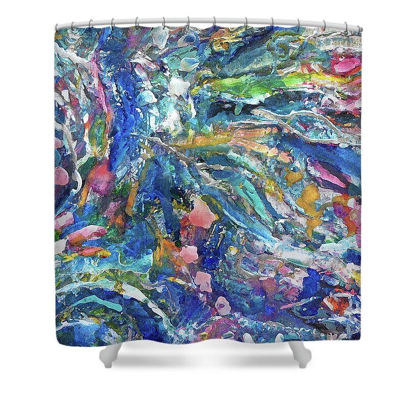 Blue Rose White Shower Curtain featuring the painting Brook Flowers by Jean Batzell Fitzgerald