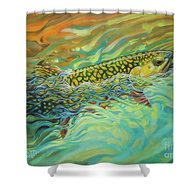 Fishing Shower Curtain featuring the painting Brookie Flash rework by Robert Corsetti