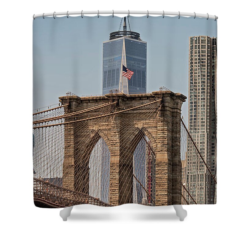 Manhattan Shower Curtain featuring the photograph Brooklyn Bridge and One World Trade Center in New York City by David Oppenheimer