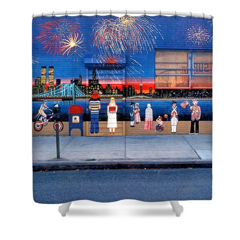 Cityscape Shower Curtain featuring the painting Brooklyn Bridge Fireworks by Bonnie Siracusa