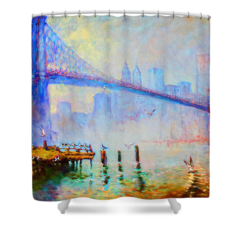 Brooklyn Bridge Shower Curtain featuring the painting Brooklyn Bridge in a Foggy Morning by Ylli Haruni