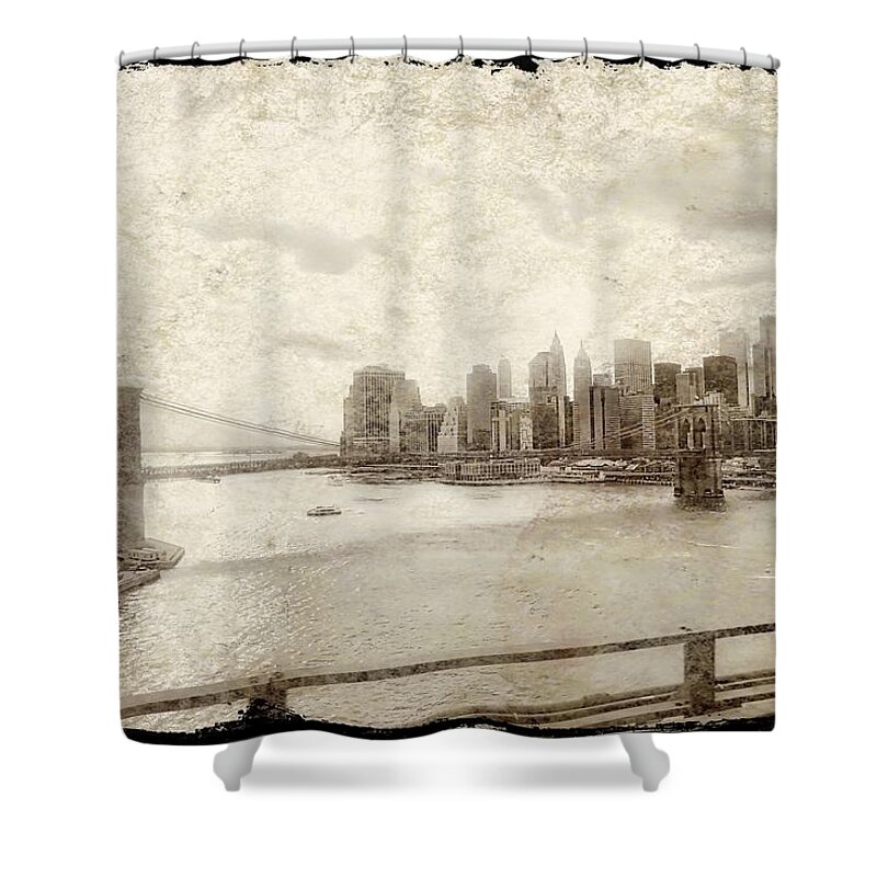 New York City Skyline Shower Curtain featuring the painting Brooklyn Bridge by Joan Reese