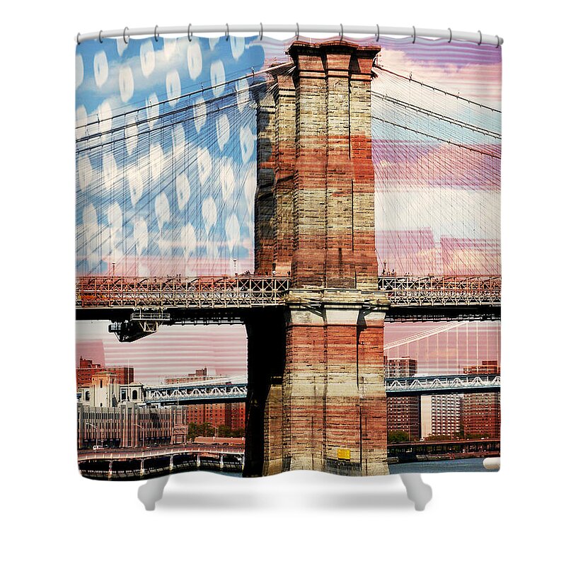 Brooklyn Shower Curtain featuring the photograph Brooklyn Bridge with Stars and Stripes by Adriana Zoon