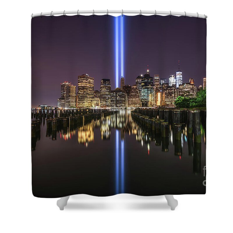Nyc Shower Curtain featuring the photograph Brooklyn Sticks Tribute In Light by Michael Ver Sprill