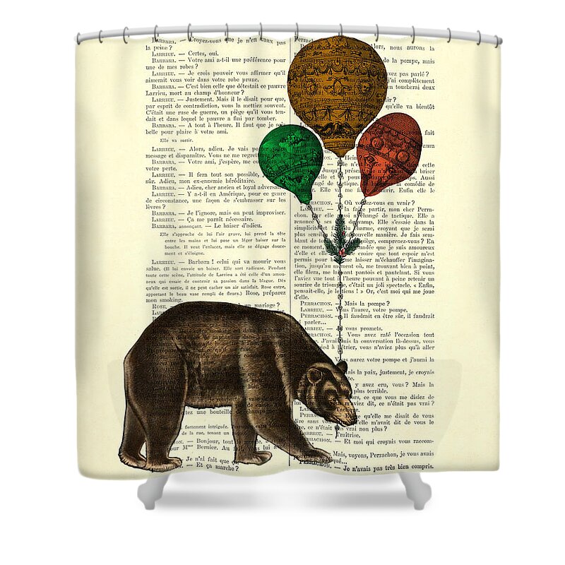 Bear Shower Curtain featuring the digital art Brown bear with balloons by Madame Memento