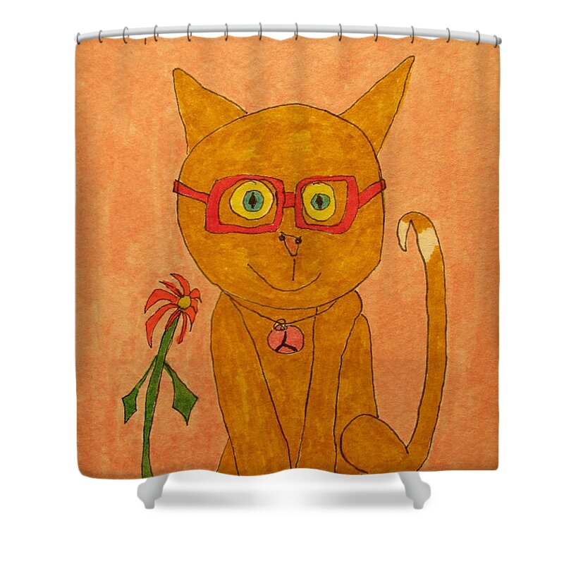 Hagood Shower Curtain featuring the painting Brown Cat With Glasses by Lew Hagood