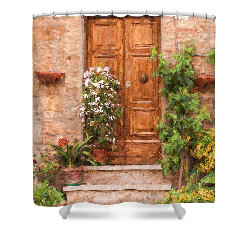 Cortona Shower Curtain featuring the painting Brown Door of Tuscany by David Letts