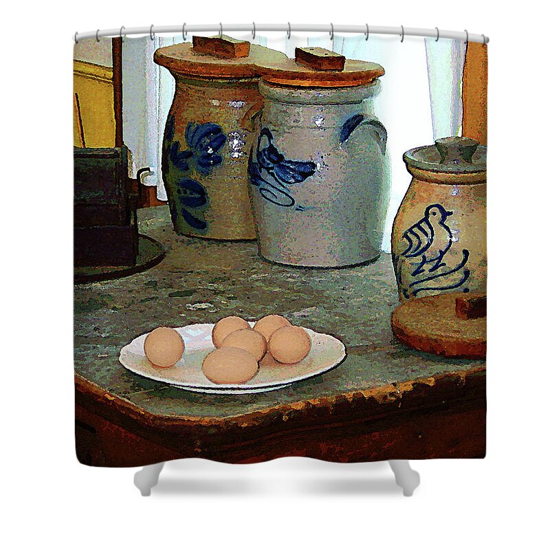 Egg Shower Curtain featuring the photograph Brown Eggs and Ginger Jars by Susan Savad