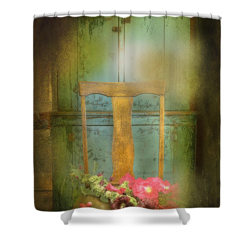 Our Town Shower Curtain featuring the photograph Brown Straight Back Chair by Craig J Satterlee