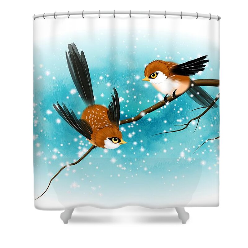 Swallows Shower Curtain featuring the digital art Brown swallows in Winter by John Wills