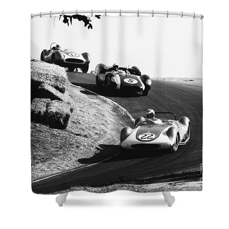 Can-am Shower Curtain featuring the photograph Bruce McLaren Turn 6a Laguna Seca by Robert K Blaisdell