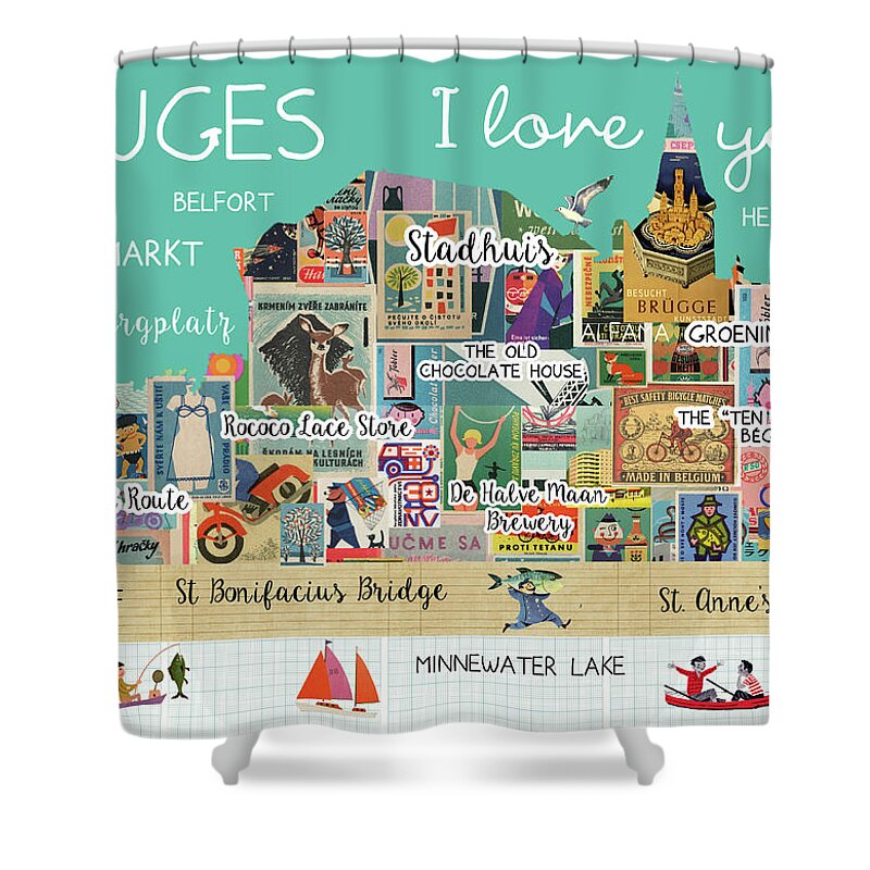 Bruges I Love You Shower Curtain featuring the mixed media Bruges I love you by Claudia Schoen