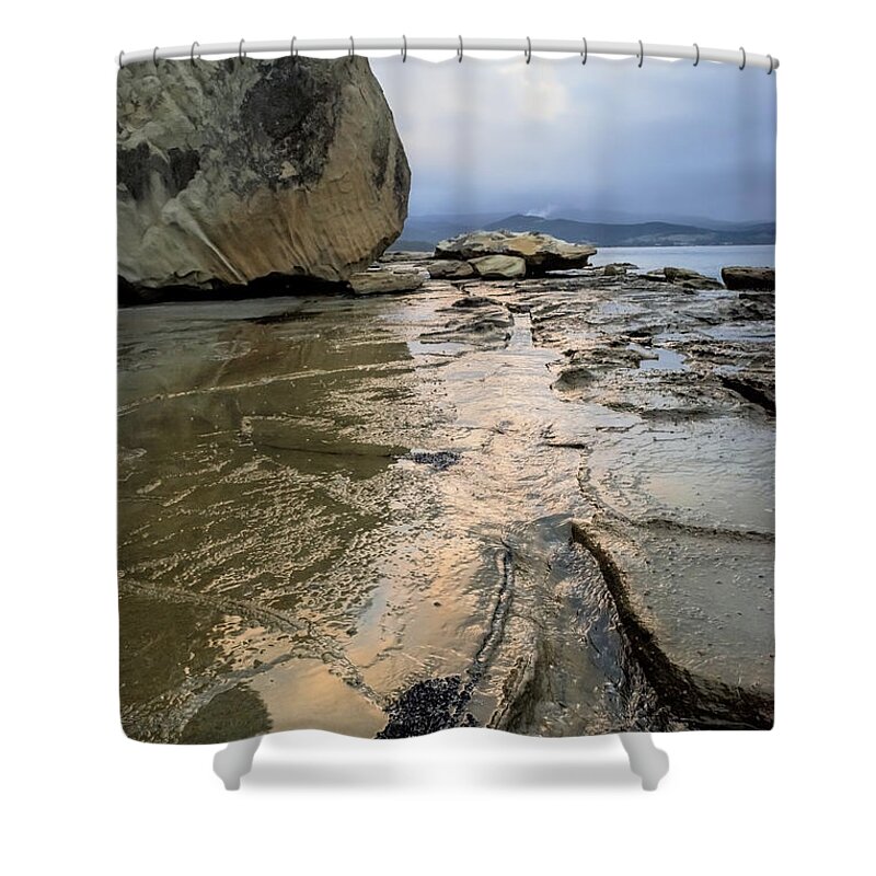  Wide Angle Rocks Ocean Beach Water Tidal Shower Curtain featuring the photograph Bruny Island Low Tide by Anthony Davey
