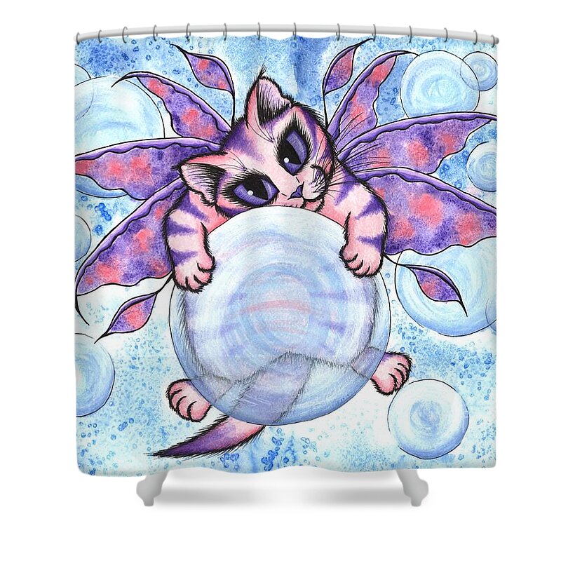 Bubbles Cute Cat Shower Curtain featuring the painting Bubble Fairy Kitten by Carrie Hawks