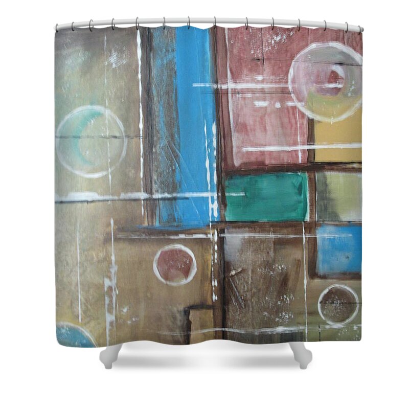 Cosmic Space Planets Bubbles Infinity Graphic Pastel Pink Turquoise Green Shower Curtain featuring the painting Bubbles In The Air by Sharyn Winters