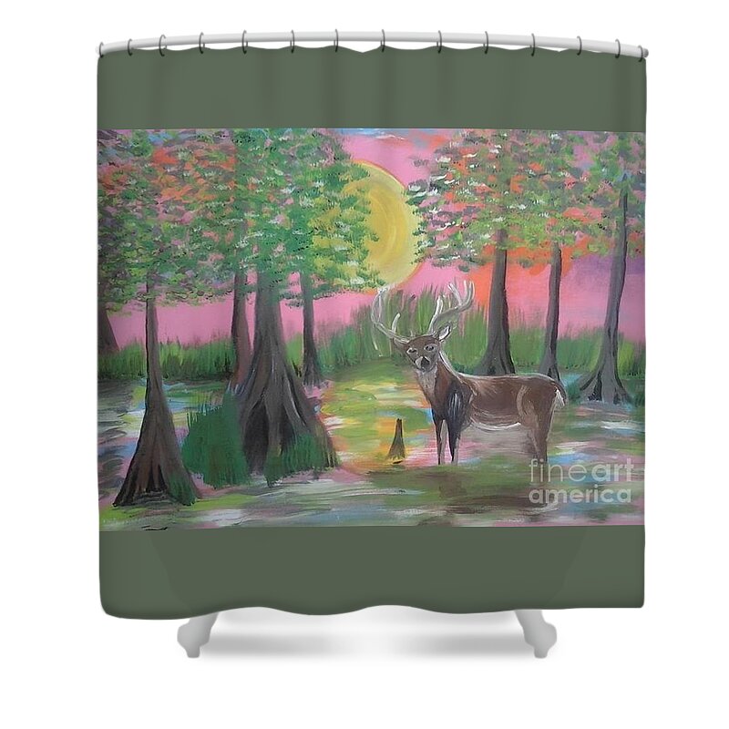 Buck In Swamp Shower Curtain featuring the painting Buck in Swamp by Seaux-N-Seau Soileau