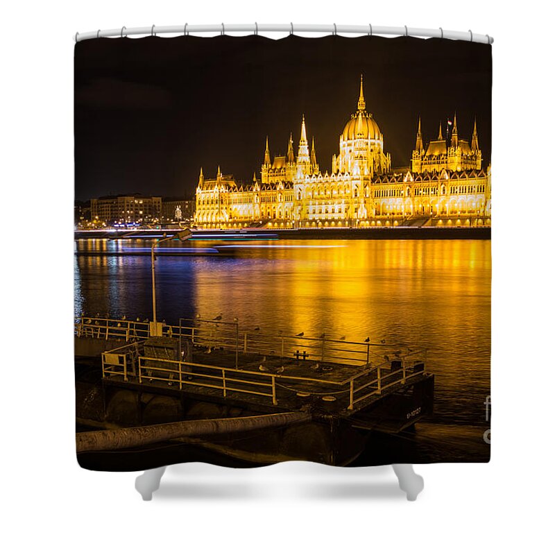 Budapest Shower Curtain featuring the photograph Budapest Night View Parliament by Jivko Nakev