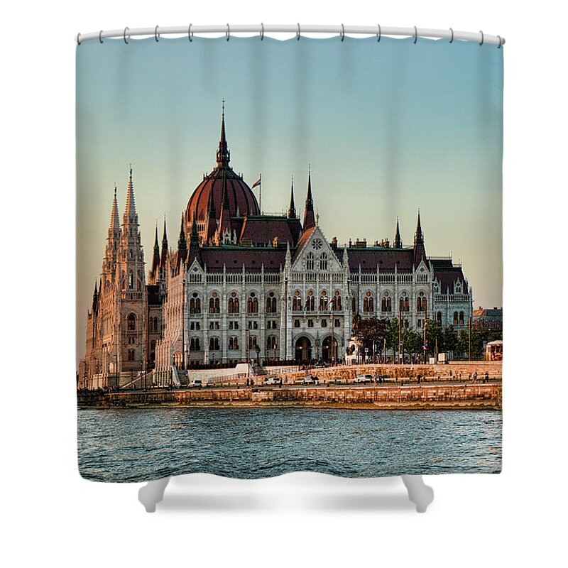 Budapest Shower Curtain featuring the photograph Budapest Parliament at Dusk by Sharon Popek