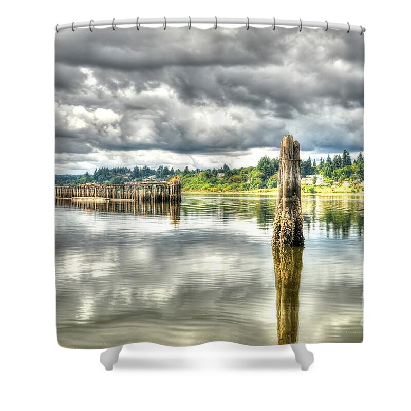 Harbor Shower Curtain featuring the photograph Budd Bay Piers by Sarah Schroder
