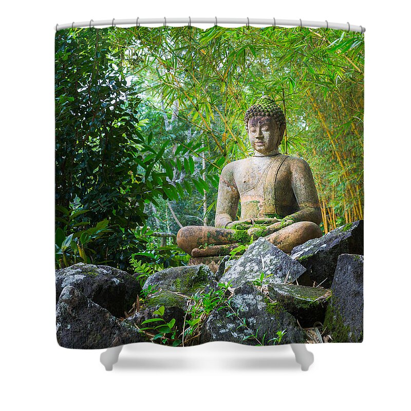 Asian Shower Curtain featuring the photograph Buddha statue in bamboo forest by Steven Heap